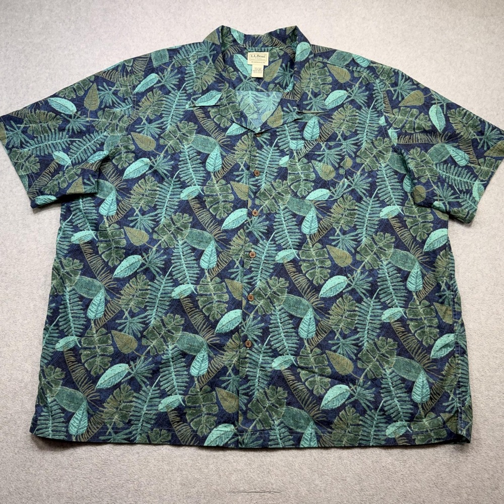 LL Bean Tropics Shirt Mens 3XL Green Floral Hawaiian Short Sleeve Camp Collar